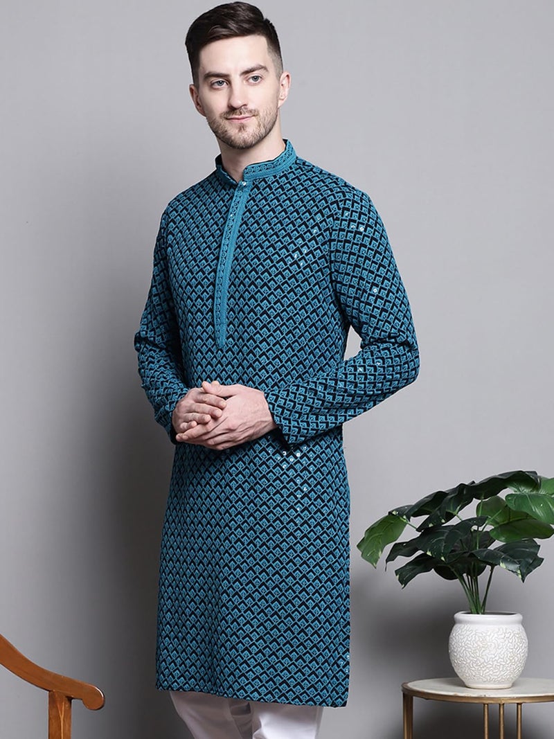 Jompers Mens Sequin Embroidered Pure Cotton Kurtas (Blue, M) - Image 3