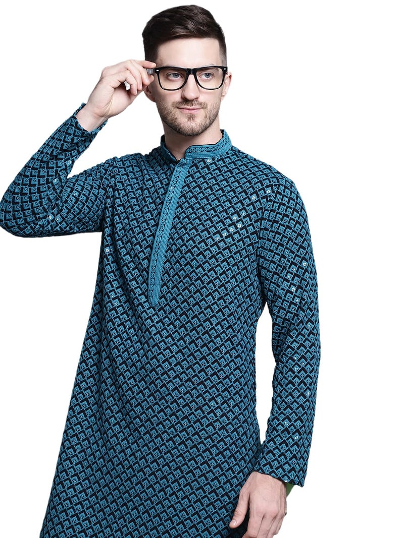 Jompers Mens Sequin Embroidered Pure Cotton Kurtas (Blue, M) - Image 1