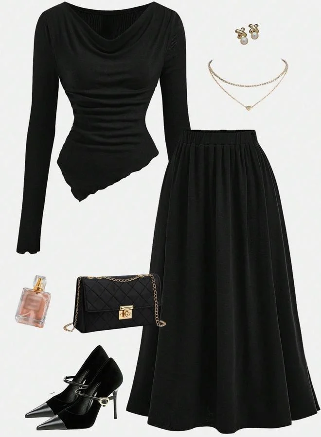 Take Two Solid Cowl Neck Top and Elastic Waist Skirt Co-Ords