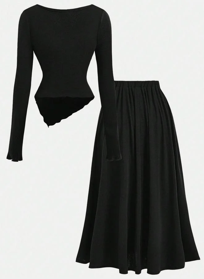 Take Two Solid Cowl Neck Top and Elastic Waist Skirt Co-Ords