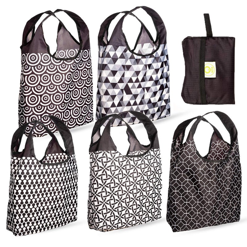 O-WITZ Reusable Grocery Bags | Vibrant Tote Bag For Groceries  Gym  Office  Beach & More | Washable Design With Large Handles For Maximum Convenience | Folds Into Small Pouch  5 Pack  Black and White - Image 1