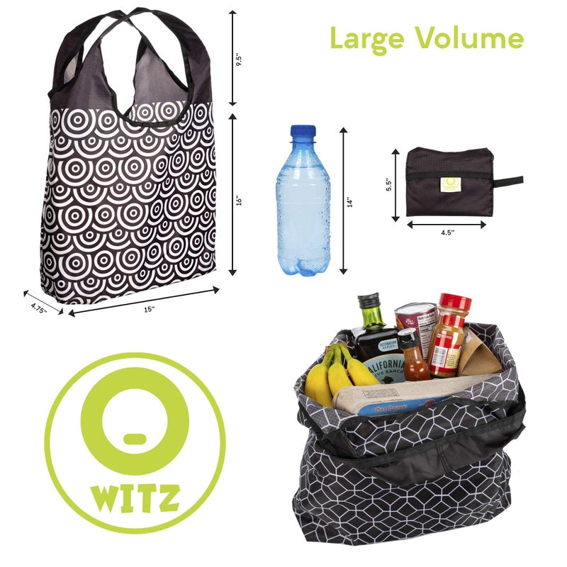 O-WITZ Reusable Grocery Bags | Vibrant Tote Bag For Groceries  Gym  Office  Beach & More | Washable Design With Large Handles For Maximum Convenience | Folds Into Small Pouch  5 Pack  Black and White - Image 4