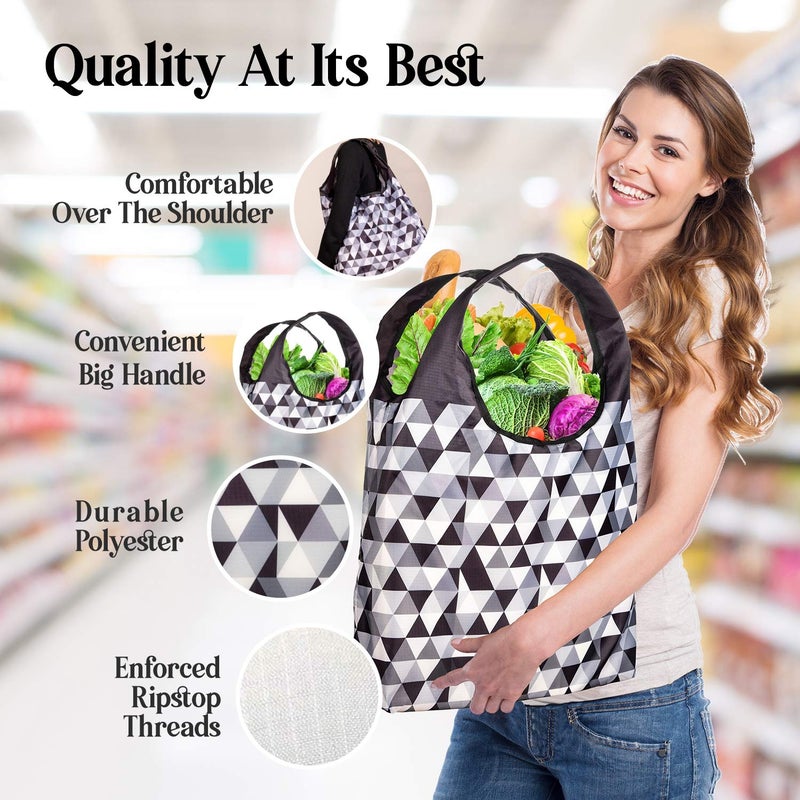 O-WITZ Reusable Grocery Bags | Vibrant Tote Bag For Groceries  Gym  Office  Beach & More | Washable Design With Large Handles For Maximum Convenience | Folds Into Small Pouch  5 Pack  Black and White - Image 3