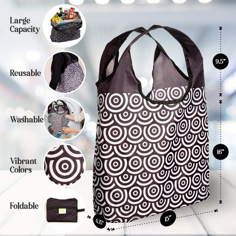 O-WITZ Reusable Grocery Bags | Vibrant Tote Bag For Groceries  Gym  Office  Beach & More | Washable Design With Large Handles For Maximum Convenience | Folds Into Small Pouch  5 Pack  Black and White - Image 2