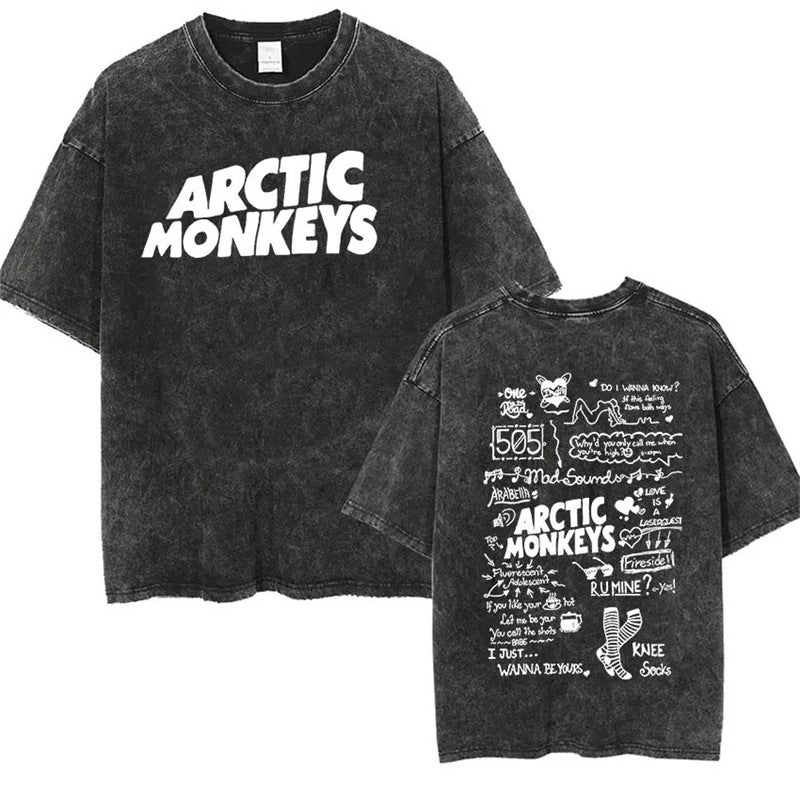 Clothing Retro Cotton American Style New Retro T-shirt Washed Arctic Rock Old Short Sleeve Monkey Street 21 Vintage Black - Image 1
