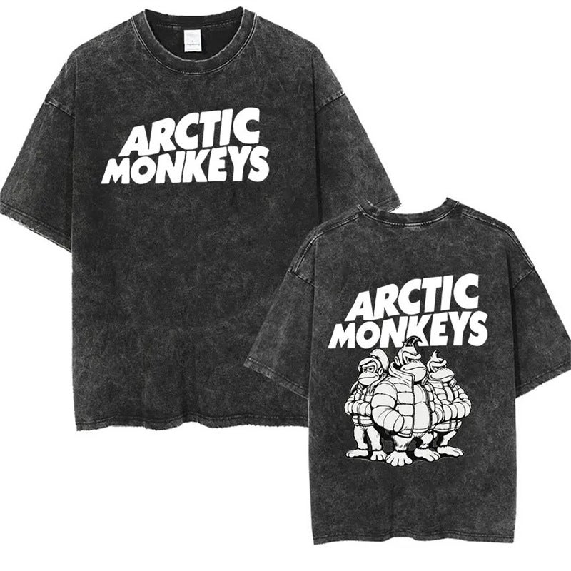 Clothing Retro Cotton American Style New Retro T-shirt Washed Arctic Rock Old Short Sleeve Monkey Street 21 Vintage Black - Image 2