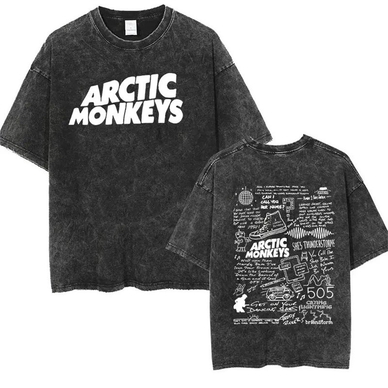 Clothing Retro Cotton American Style New Retro T-shirt Washed Arctic Rock Old Short Sleeve Monkey Street 21 Vintage Black - Image 3