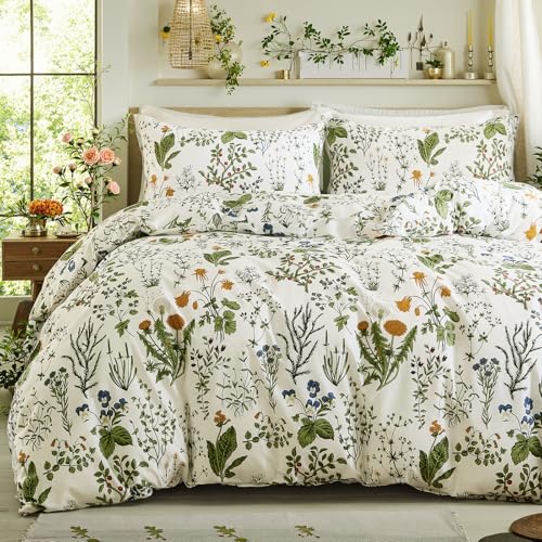 Cozaline Duvet Cover Queen Size 100 Cotton Reversible Floral Queen Duvet Cover Set with Zipper Closure 3 Pieces Soft Breathable Green Bedding Set for All Seasons - Image 1
