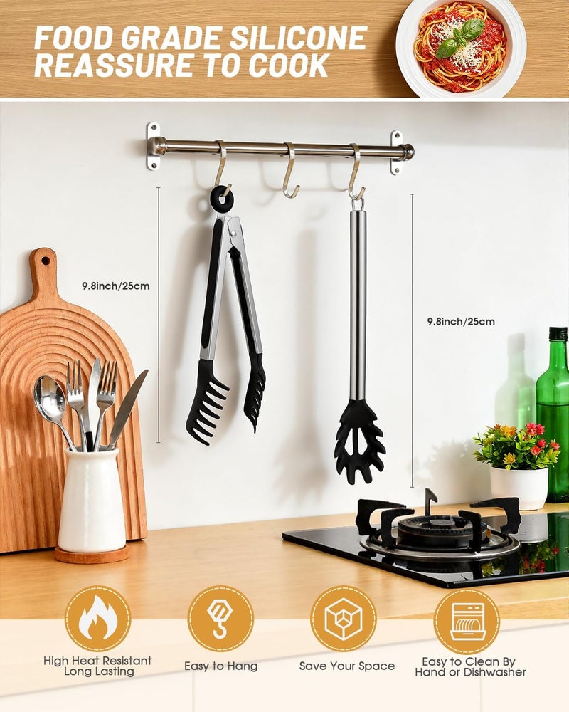 Nryul Spaghetti Spoon and Pasta Tong with Grip Teeth and Drain Holes, 2-Piece Non-Stick Silicone Head with Stainless Steel Handle, Heat Resistant Food Grade Utensils for Cooking, Serving, Salad and Noodles - Image 2
