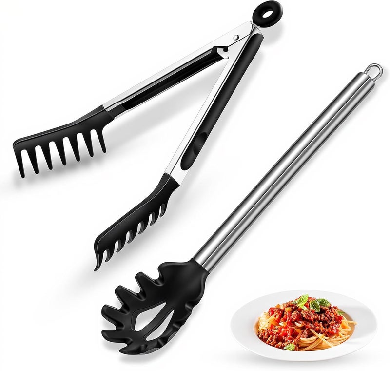 Nryul Spaghetti Spoon and Pasta Tong with Grip Teeth and Drain Holes, 2-Piece Non-Stick Silicone Head with Stainless Steel Handle, Heat Resistant Food Grade Utensils for Cooking, Serving, Salad and Noodles - Image 1