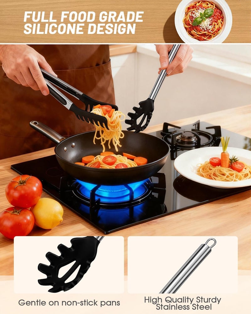 Nryul Spaghetti Spoon and Pasta Tong with Grip Teeth and Drain Holes, 2-Piece Non-Stick Silicone Head with Stainless Steel Handle, Heat Resistant Food Grade Utensils for Cooking, Serving, Salad and Noodles - Image 3
