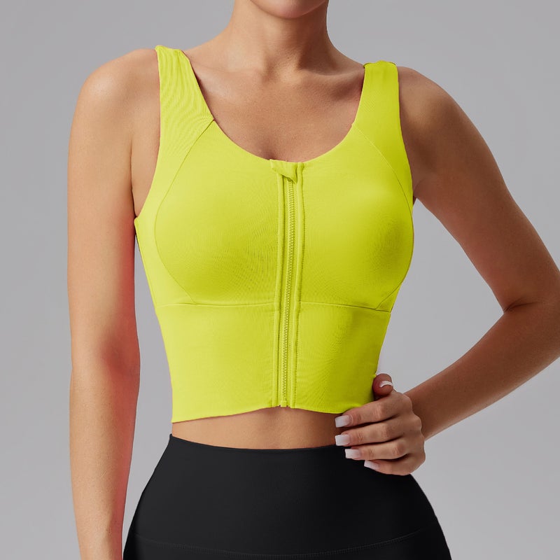 Sports Bra Lemon Yellow FBF2237815 Naked Zipper Sports Underwear Women's High Strength Shockproof Gather-up Fitness Beautiful Back Professional Training Running Yoga Bra