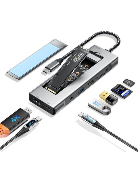 USB C Hub 8 in 1 with 100W PD3.0 Charging M.2 NVMe 10Gbps or SATA SSD Enclosure 4K@30HZ HDMI 1.4 USB 3.2 Gen2 10Gbps Transfer Multiport Adapter for MacBook iPad HP Dell ASUS Lenovo etc
