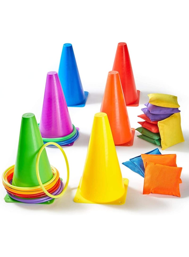 ChicAbode 3 في 1 حلقة رمي لعبة 30pcs كرنفال كومبو مجموعة مع أكياس الفاصوليا مخروطات بلاستيكية رمي الخواتم للأطفال والكبار في الهواء الطلق نشاط داخلي لون عشوائي - Image 1