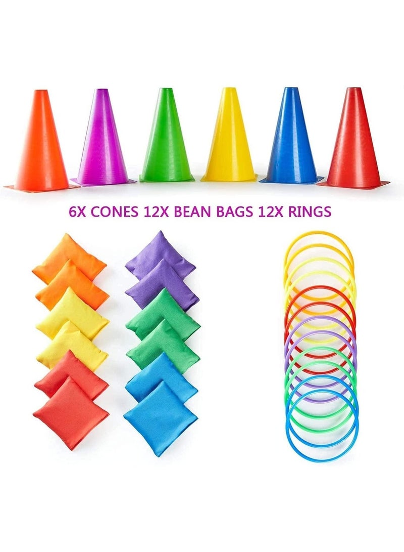 ChicAbode 3 في 1 حلقة رمي لعبة 30pcs كرنفال كومبو مجموعة مع أكياس الفاصوليا مخروطات بلاستيكية رمي الخواتم للأطفال والكبار في الهواء الطلق نشاط داخلي لون عشوائي - Image 2