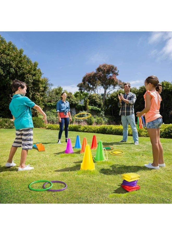 ChicAbode 3 في 1 حلقة رمي لعبة 30pcs كرنفال كومبو مجموعة مع أكياس الفاصوليا مخروطات بلاستيكية رمي الخواتم للأطفال والكبار في الهواء الطلق نشاط داخلي لون عشوائي - Image 5