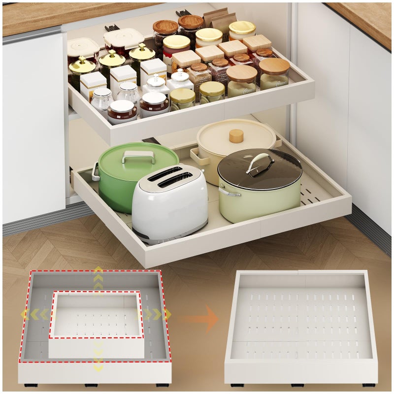 Fokyfok 2Pc Pull out Cabinet Organizer,Width (14"-21"),Depth(17"-24") Expandable with 3 Rails,No Drill Roll out Drawers,Adhesive Sliding Drawers,Slide out Shelves for Cabinets Without Lip,Kitchen,Pantry,White - Image 1
