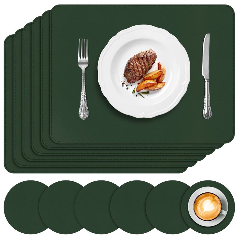 APLKER Placemats and Coasters Set of 6 Heat Insulation PU Leather Table Mats Waterproof Washable Dining Place Mats for Kitchen Indoor Outdoor Party 16 x12 inch  Dark Green