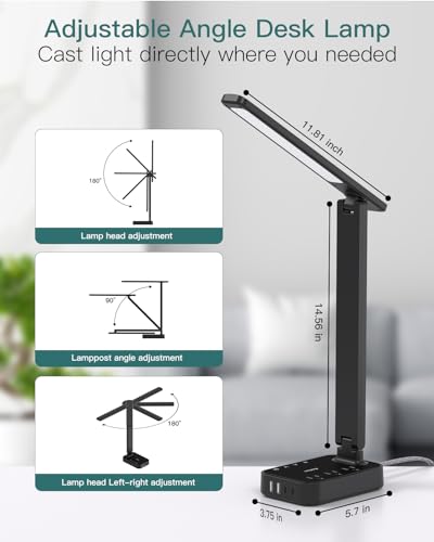 Addtam LED Desk Lamp, Power Strip with 3 Outlets 4 USB Charging Ports(2 USBC), 4 Modes 5 Level Brightness Touch Lamp, Small Desk Lamp for Home Office College Dorm Room Essentials - Image 4
