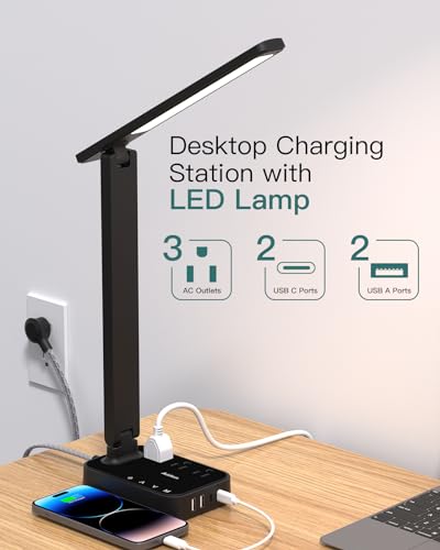 Addtam LED Desk Lamp, Power Strip with 3 Outlets 4 USB Charging Ports(2 USBC), 4 Modes 5 Level Brightness Touch Lamp, Small Desk Lamp for Home Office College Dorm Room Essentials - Image 2