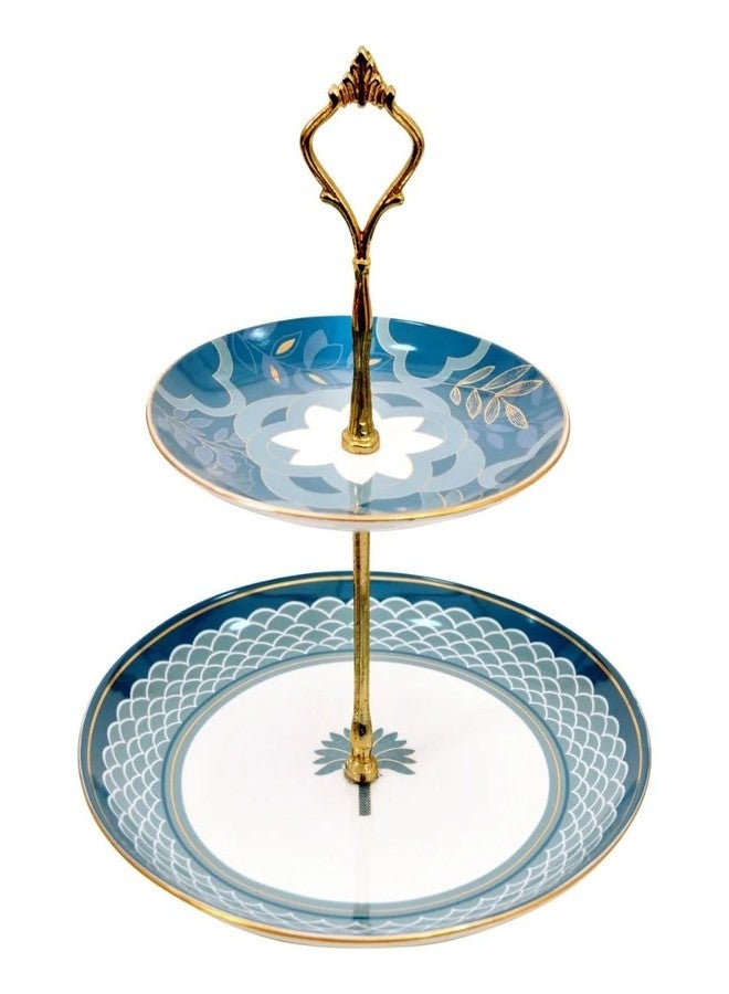 Clay Craft حامل تقديم سيراميك من طبقتين بنمط هندسي أزرق من Clay Craft x India Circus، بمقبض من الألومنيوم، حامل حلويات مزخرف، أطباق كبيرة 26 سم وصغيرة 18 سم للوجبات الخفيفة والكعك. - Image 2