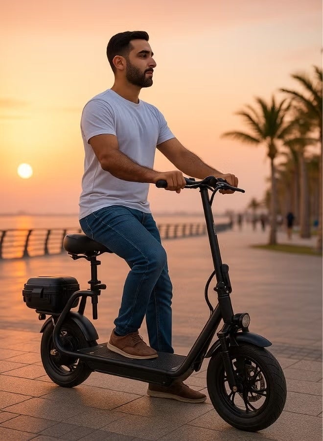 NIYAZI Electric scooter with extra seat and storage box | Adult electric scooter | Electric scooter with seat | Monster scooter | Two-seater electric scooter | Foldable electric scooter | 48V | 500W motor | Front and rear lights | Shock absorbers | Storage box | Extra passenger seat | 120 kg weight capacity | 12-inch tires - Image 3