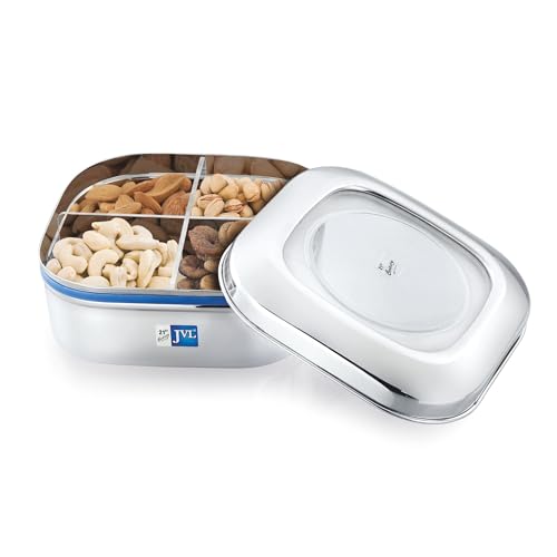 JVL Classicware Costa Square Dry Fruit Tin Stainless Steel Dry Fruit Box with 4-Section Removable Tray & Airtight See-Through Lid for Nuts, Chocolates & Snacks (1.35 L) - Image 1