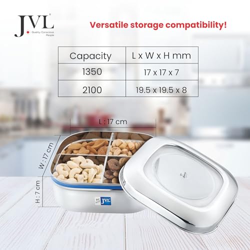JVL Classicware Costa Square Dry Fruit Tin Stainless Steel Dry Fruit Box with 4-Section Removable Tray & Airtight See-Through Lid for Nuts, Chocolates & Snacks (1.35 L) - Image 2