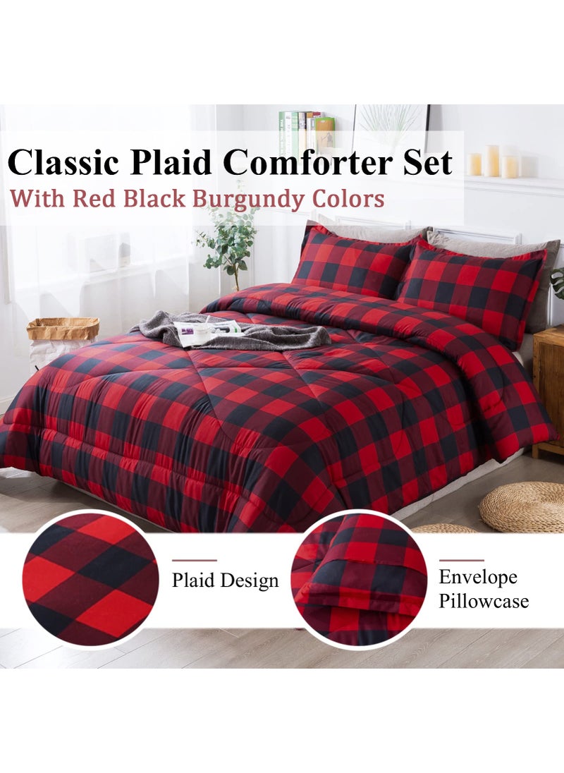 Andency Andency Red Burgundy Black Checkered Comforter King(104x90Inch)  3 Pieces (1 Plaid Comforter and 2 Pillowcases) Plaid Comforter Set  Lightweight Microfiber Geometric Grid Comforter Bedding Set  - Image 3