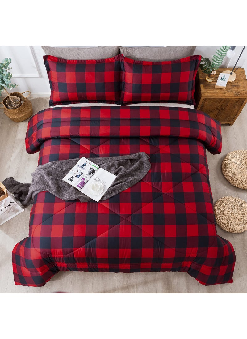 Andency Andency Red Burgundy Black Checkered Comforter King(104x90Inch)  3 Pieces (1 Plaid Comforter and 2 Pillowcases) Plaid Comforter Set  Lightweight Microfiber Geometric Grid Comforter Bedding Set  - Image 1