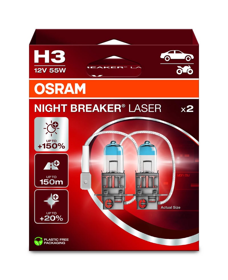 Osram Night Breaker Laser H3, 150% More Brightness, Halogen Headlight Bulb, 64151NL-2HB, 12 V Car, Hanging Box (2 Lamps), White - Image 1