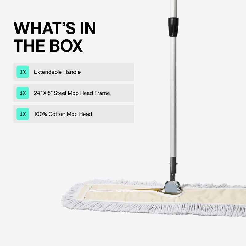 Tidy Tools Commercial Dust Mop – 24 Inch Floor Sweeper for Hardwood, Reusable Cotton Mop Head, Extendable Handle, Dry Mop for Floor Cleaning & Janitorial Supplies - Image 2