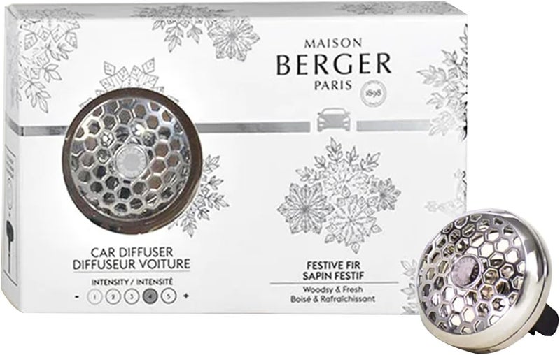 Maison Berger مجموعة موزع العطور للسيارة – مشبك تهوية قابل لإعادة التعبئة، إعادة تعبئة خزفية، مصنوعة في فرنسا - عطر فاخر للسيارات - انتشار لمدة 4 أسابيع - معطر هواء أنيق لجميع فتحات السيارة (شجرة عيد الميلاد) - Image 1
