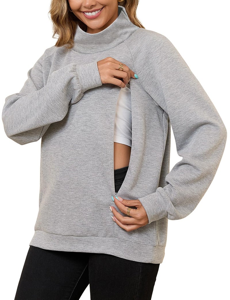 Bhome Nursing Sweatshirt for Breastfeeding High Neck Long Sleeve Nursing Shirt Zipper Maternity Pumping Top Pullover with Side PocketsLight Heather Gray M - Image 2