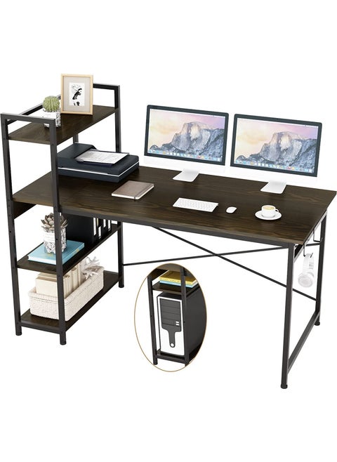 47 inch Computer Desk with 4 Tier Shelves for Home Office, Writing Study Table with Bookshelf and 2 Hooks, Multipurpose Industrial Wood Desk Workstation with Metal Frame for PC Laptop