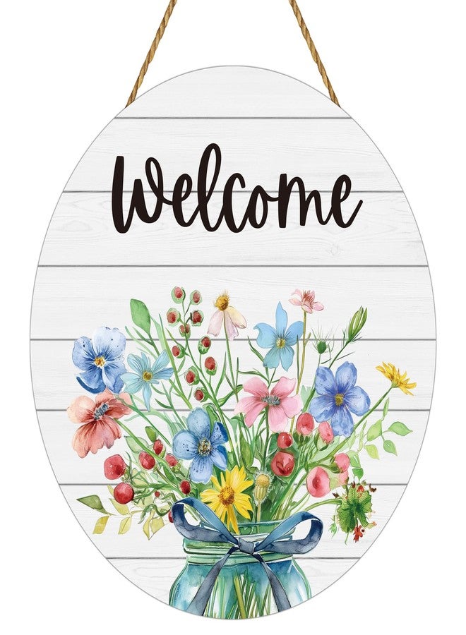 YUNKKIN Spring Decorations for Home Spring Door Decor Mason Jar Flowers Wall Decor Wooden Wreaths for Front Door Hanger Welcome Sign for Porch Wall Indoor Home Decor (Flower) - Image 1