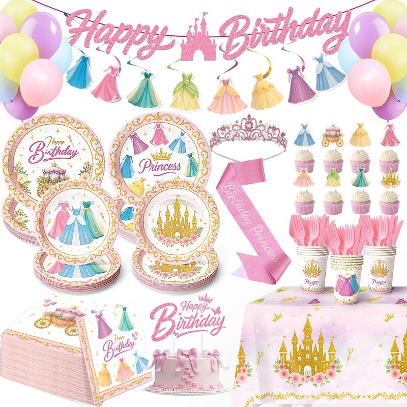 Vistico Princess Birthday Party Decorations â€“ 199 PCS Princess Party Supplies for 24 Guests, Includes Plates, Cups, Napkins, Tablecloth, Castle Banner, Balloons, Cupcake Toppers, Tiara & Sash - Image 1