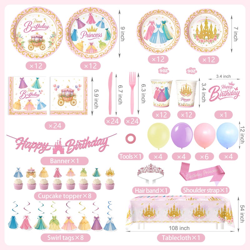 Vistico Princess Birthday Party Decorations â€“ 199 PCS Princess Party Supplies for 24 Guests, Includes Plates, Cups, Napkins, Tablecloth, Castle Banner, Balloons, Cupcake Toppers, Tiara & Sash - Image 4