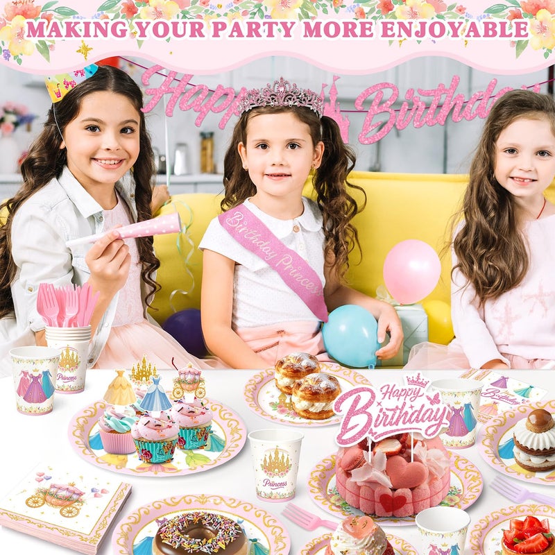 Vistico Princess Birthday Party Decorations â€“ 199 PCS Princess Party Supplies for 24 Guests, Includes Plates, Cups, Napkins, Tablecloth, Castle Banner, Balloons, Cupcake Toppers, Tiara & Sash - Image 2