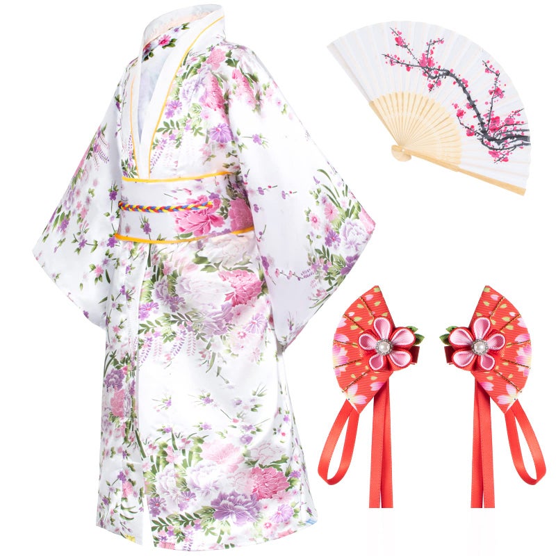 Japanese Traditional Dress Kimono Robe for Kids Girls Costume Silk Folding Fans hairstick SetWhite110cm