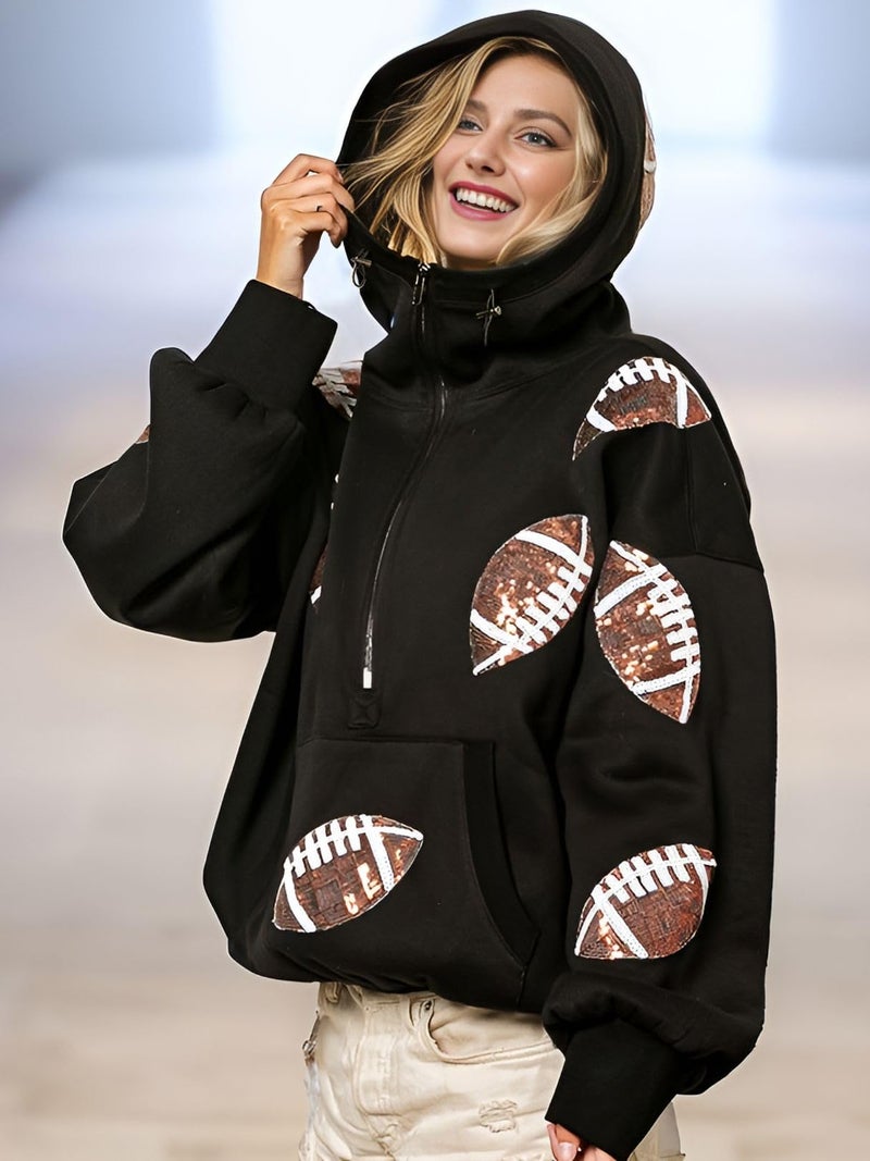Joiemont Womens Football Sequin Rugby Patches Half Zip Up Fleece Hoodie Casual Pullover Long Sleeve Zipper Sweatshirt(0484-Black-M) - Image 3