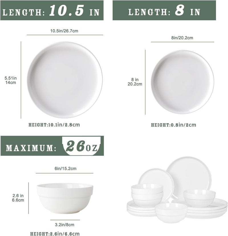 HAPPY KIT 12 Pieces Porcelain Dinnerware Set, Serving Plates and Bowls Set for 4, Chip and Scratch Resistant White Kitchen Dishware Sets, Thick-edge Non-slip Design - Image 4