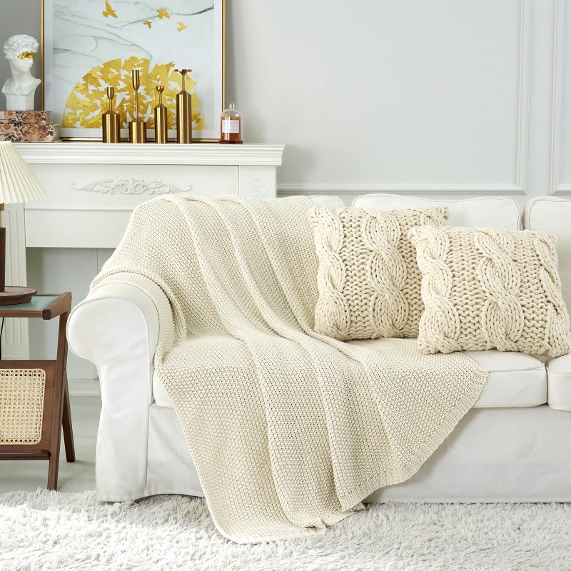 Longhui bedding Chunky Cable Knit Throw Blanket Lightweight Cream 100% Organic Cotton Blanket for Sofa Couch Bed Baby Nursery, Rustic Shabby Chic Modern Farmhouse, 51â€ x 63â€ Give Laundering Bag - Image 5
