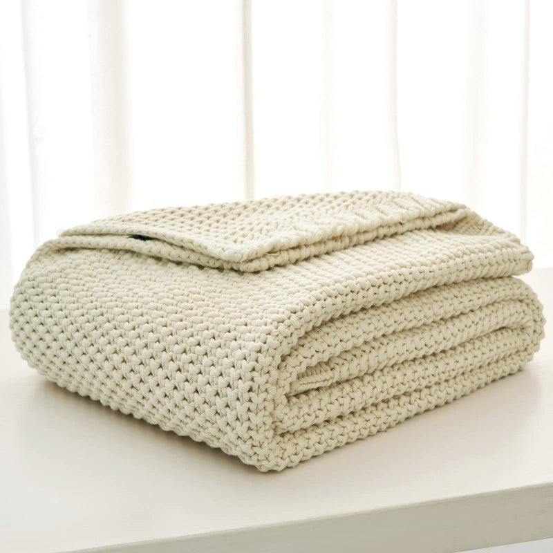 Longhui bedding Chunky Cable Knit Throw Blanket Lightweight Cream 100% Organic Cotton Blanket for Sofa Couch Bed Baby Nursery, Rustic Shabby Chic Modern Farmhouse, 51â€ x 63â€ Give Laundering Bag - Image 3