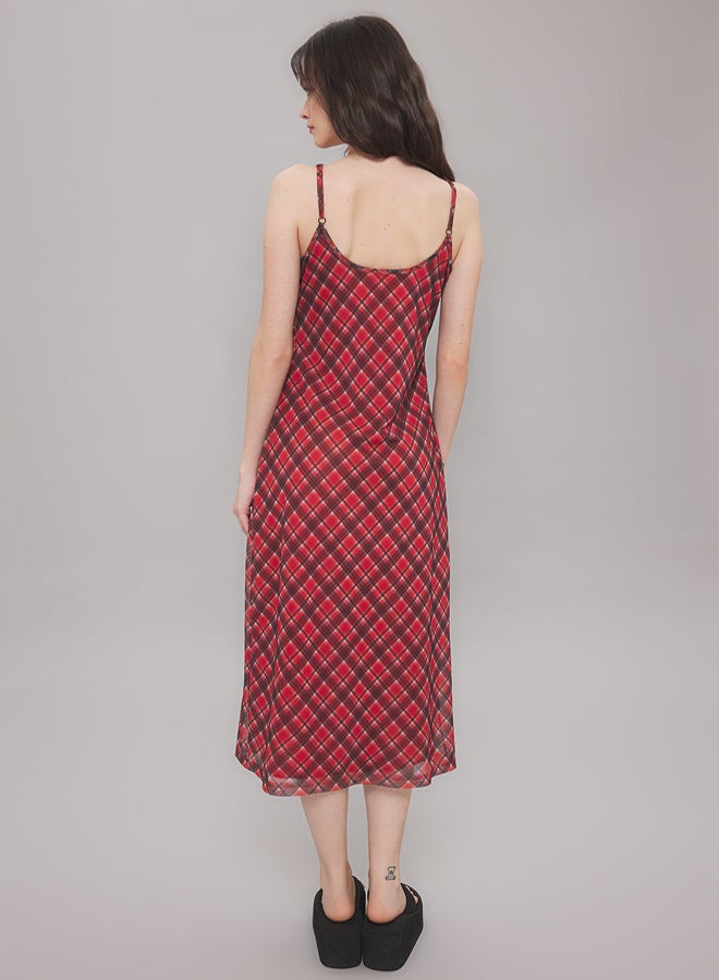 trendyol Red Lacing Detail Plaid Tulle Maxi Stretchy Knitted Dress - Image 4
