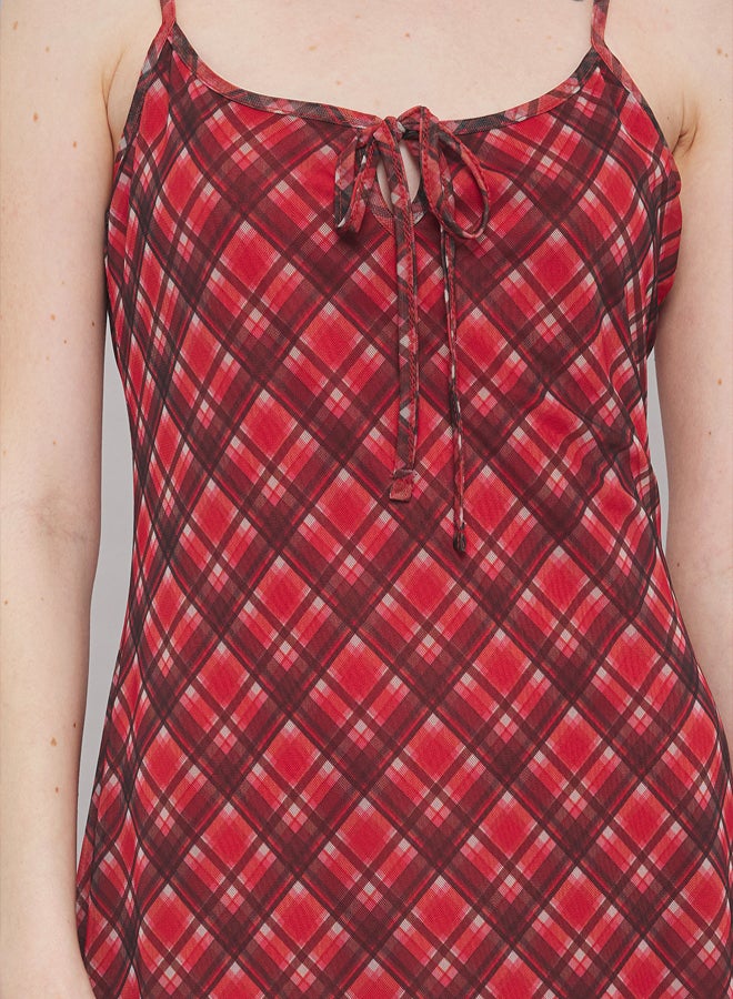 trendyol Red Lacing Detail Plaid Tulle Maxi Stretchy Knitted Dress - Image 3