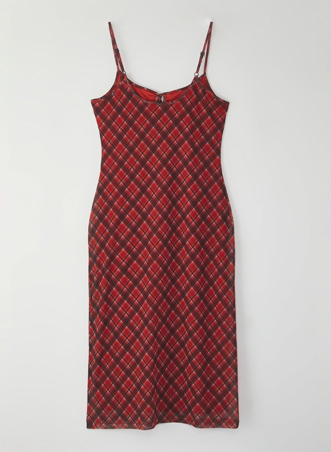 trendyol Red Lacing Detail Plaid Tulle Maxi Stretchy Knitted Dress - Image 5