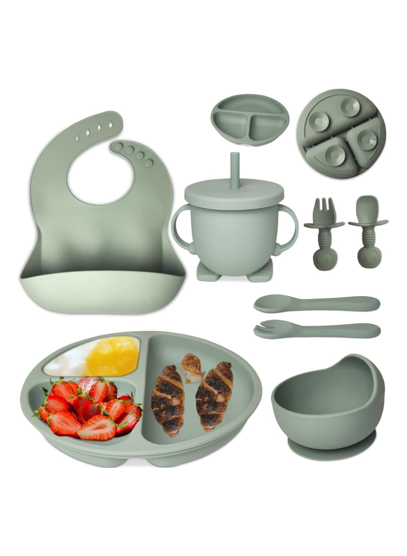 Manvik Baby Feeding Set 10-Piece | Baby Led Weaning Utensils Set Includes Suction Bowl and Plate, Baby Spoon and Fork, Sippy Cup with Straw and Lid | Baby Feeding Supplies (Army Green)