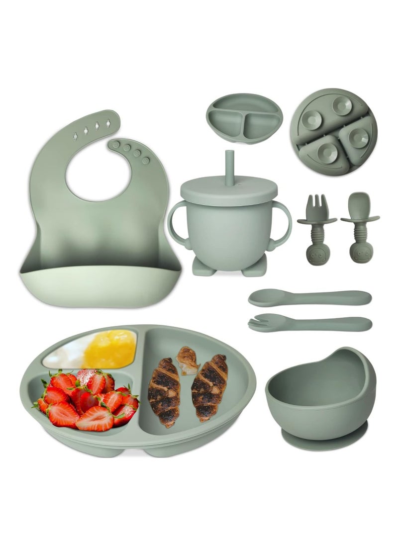 Manvik Baby Feeding Set 10-Piece | Baby Led Weaning Utensils Set Includes Suction Bowl and Plate, Baby Spoon and Fork, Sippy Cup with Straw and Lid | Baby Feeding Supplies (Army Green)  - Image 1