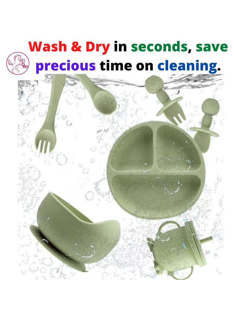 Manvik Baby Feeding Set 10-Piece | Baby Led Weaning Utensils Set Includes Suction Bowl and Plate, Baby Spoon and Fork, Sippy Cup with Straw and Lid | Baby Feeding Supplies (Army Green)  - Image 4